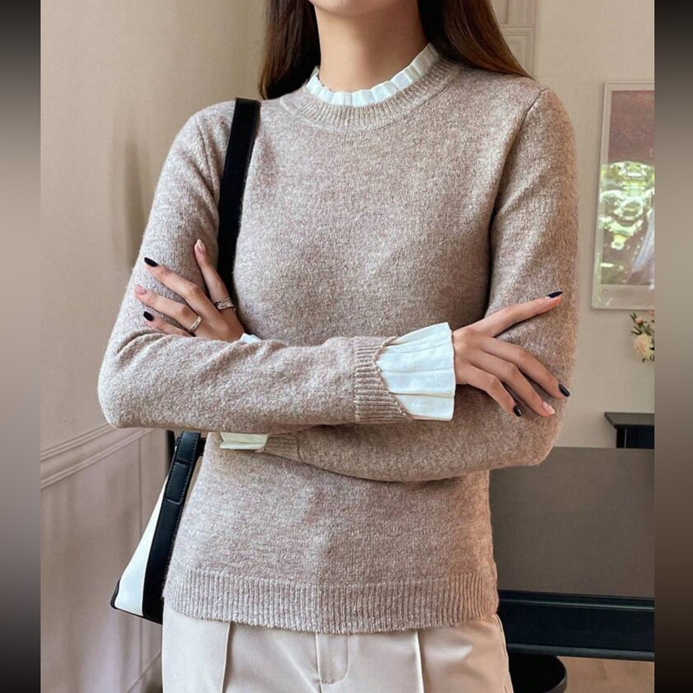 Light beige & white Contrast Trim ruffle Sleeve 2 in 1 style knit Sweater blouse - Picture 2 of 4